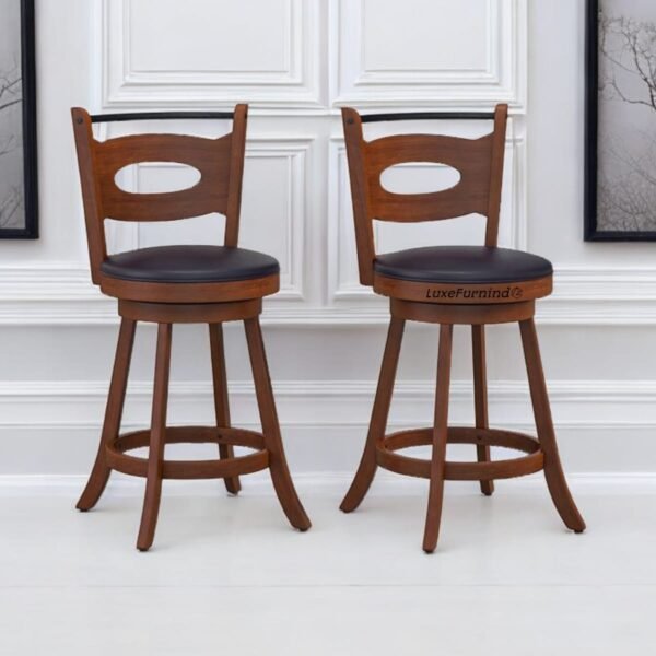 Classic solid wood swivel bar stool with leather seat, handcrafted for luxury home and commercial bar settings.