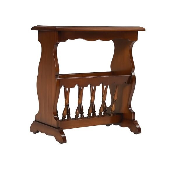 A handcrafted wooden magazine rack with spindle details, perfect for organizing newspapers or magazines in classic interiors.