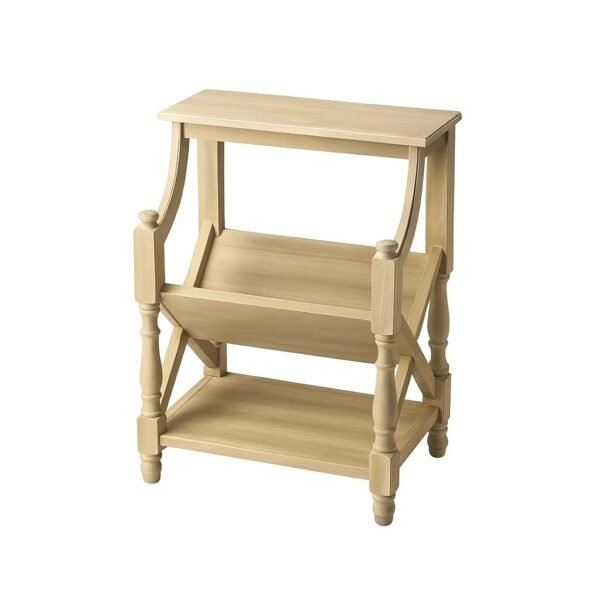 A wooden two-tier chairside rack with a slanted magazine shelf and classic vintage design.