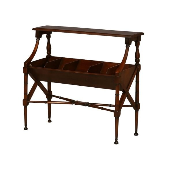 magazine rack end table furniture. A classic wooden antique magazine table with upper shelf and slanted compartment dividers for elegant home storage. -- Indonesia Furniture