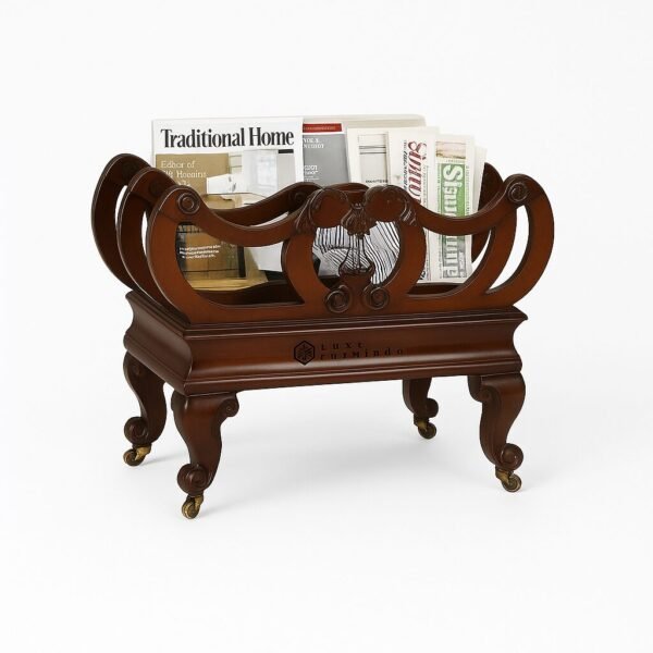 Antique wooden magazine rack with lyre motif and scroll legs filled with vintage newspapers