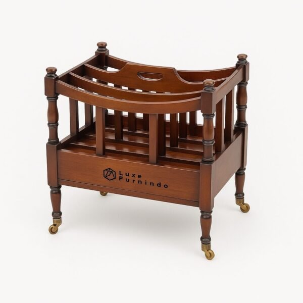 Classic wooden Canterbury rack on brass wheels – handcrafted Indonesia furniture for luxury interiors