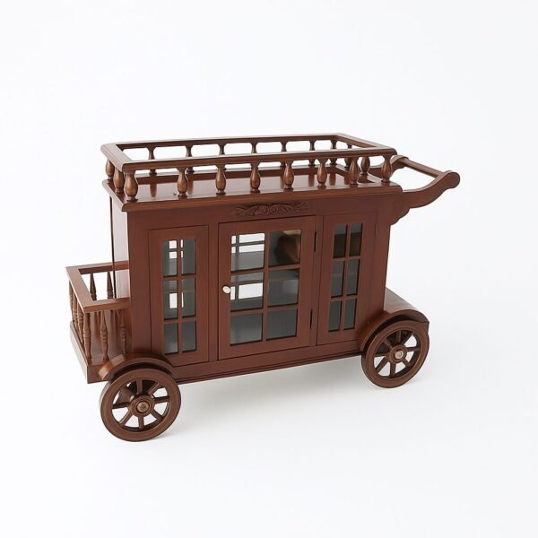 Vintage wooden bar trolley cart with glass doors and antique finish by LuxeFurnindo