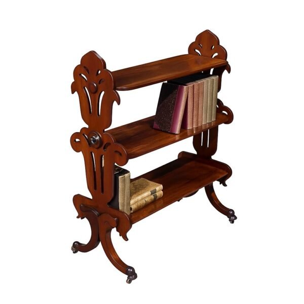 A handcrafted three-tier antique wooden book stand with ornate scroll legs and carved side panels