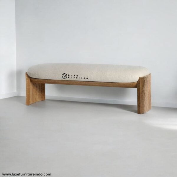 Minimalist wooden bench with upholstered seat and solid wood frame.