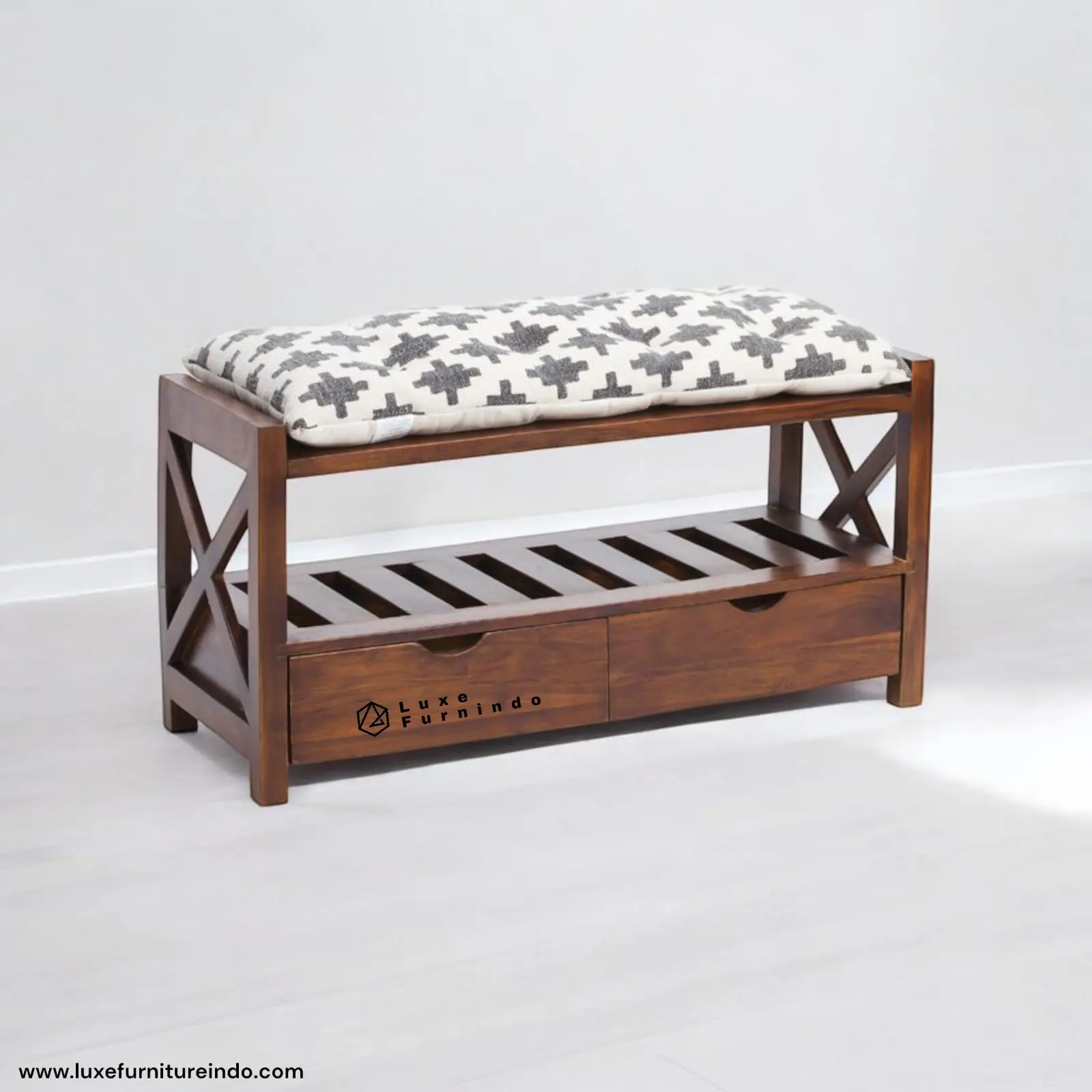 Classic wooden entryway bench with cushioned seat, storage drawers, and shoe rack.