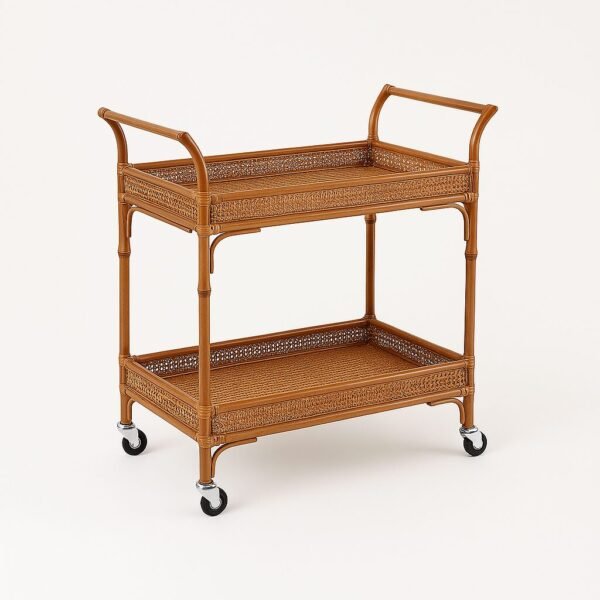 Two-tier rattan bar trolley with bamboo frame and wheels for tropical luxury interiors made from Indonesia Furniture