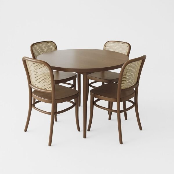 Jinbei rattan dining set with round wooden table and 4 woven back chairs