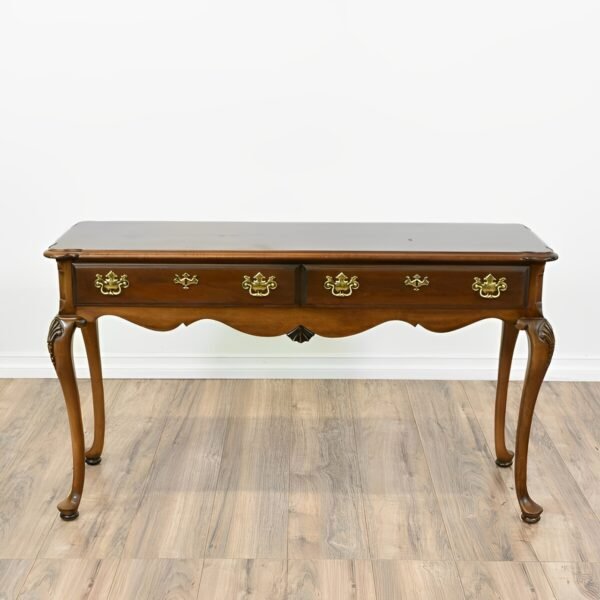 Queen Anne style console table with brass handles and cabriole legs, handcrafted in solid mahogany wood from Indonesia furniture