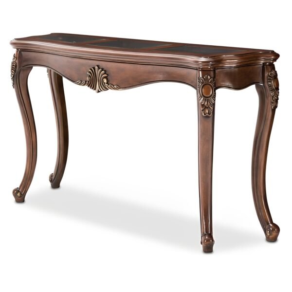 Side table. Classic carved wooden console table with elegant curved legs and antique brown finish from Jepara, Indonesia furniture