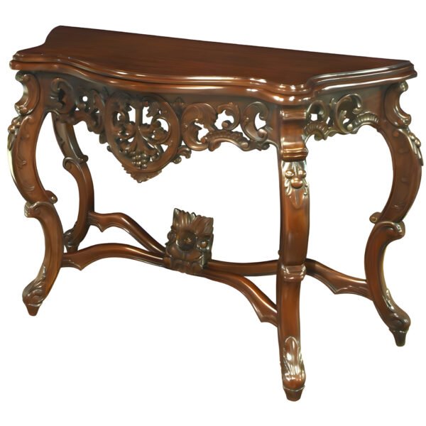 Antiqur furniture. Elegant baroque carved console table with luxury brown finish handcrafted in Jepara Indonesia furniture