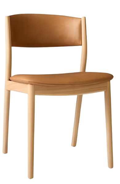 Scandinavian-style wooden dining chair with curved leather seat and backrest, handcrafted in Indonesia furniture using solid teak wood -- whosale furniture