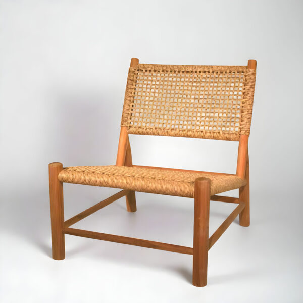 Durable handwoven rattan chair with natural wood frame, crafted by Indonesian furniture manufacturer
