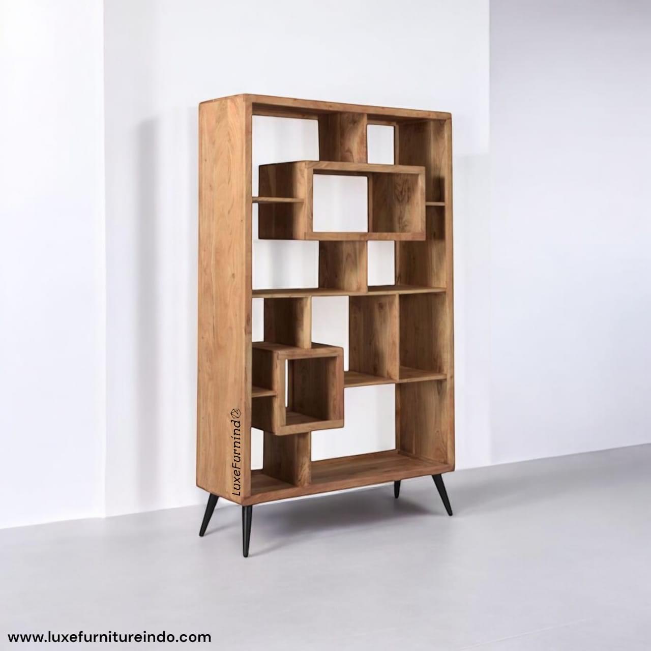 Modern Geometric Teak Wood Bookshelf, Luxury Solid Wood Shelf, Handmade Teak Storage Unit