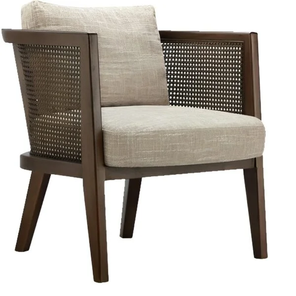 Contemporary dark wood armchair with rattan side panels and beige cushioned seat -- Indonesia Furniture