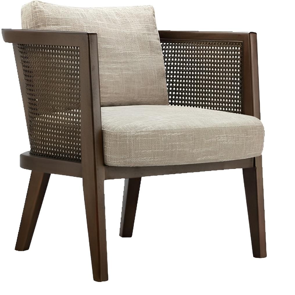Contemporary dark wood armchair with rattan side panels and beige cushioned seat -- Indonesia Furniture