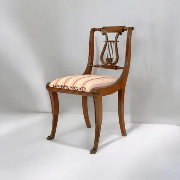 Retro vintage chair furniture – handcrafted mahogany lyre back chair with elegant carvings and upholstered seat, perfect for vintage interiors -- Indonesia Furniture