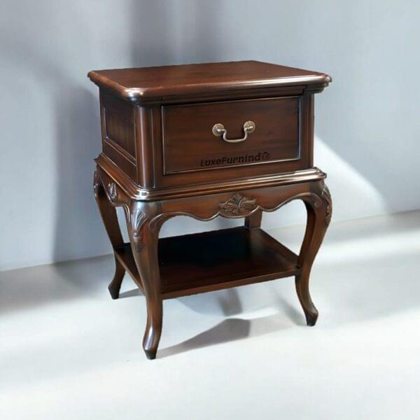 Classic Indonesia furniture – handcrafted mahogany nightstand with elegant carvings and storage drawer, perfect for luxury interiors.