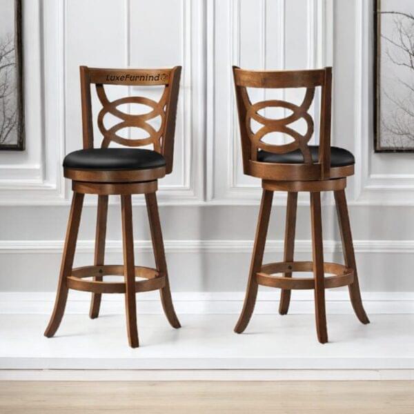 wooden bar chairs. Classic solid wood swivel bar stool with leather seat, handcrafted for luxury home and commercial bar settings.