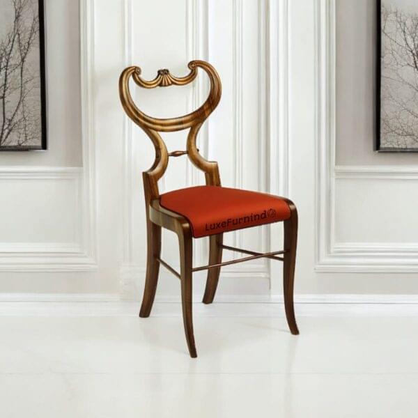 Retro furniture. Retro wooden dining chair with curved backrest and red cushion seat, handcrafted in Indonesia -- Indonesia Furniture