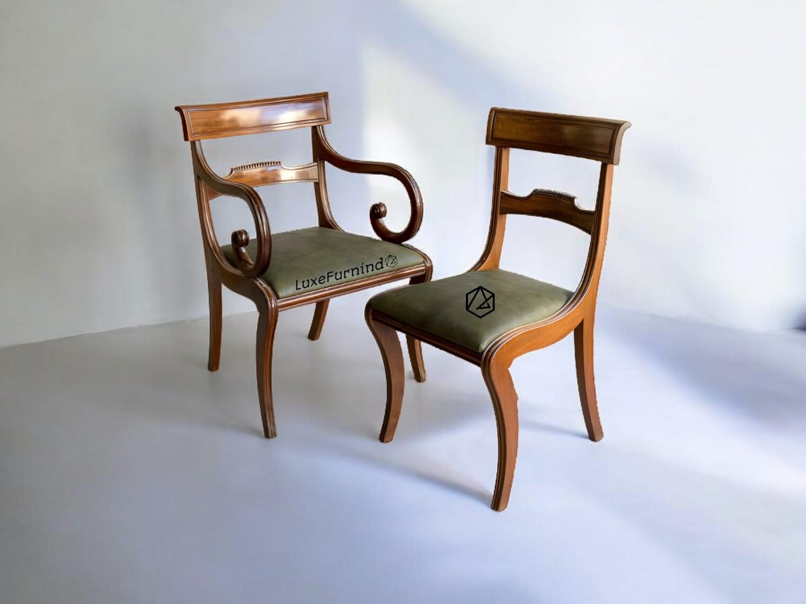 WhatsApp Image 2025-02-17 at 13.38.43 (2) Set of two retro-style dining chairs with mahogany finish, one with armrest, green upholstered seats