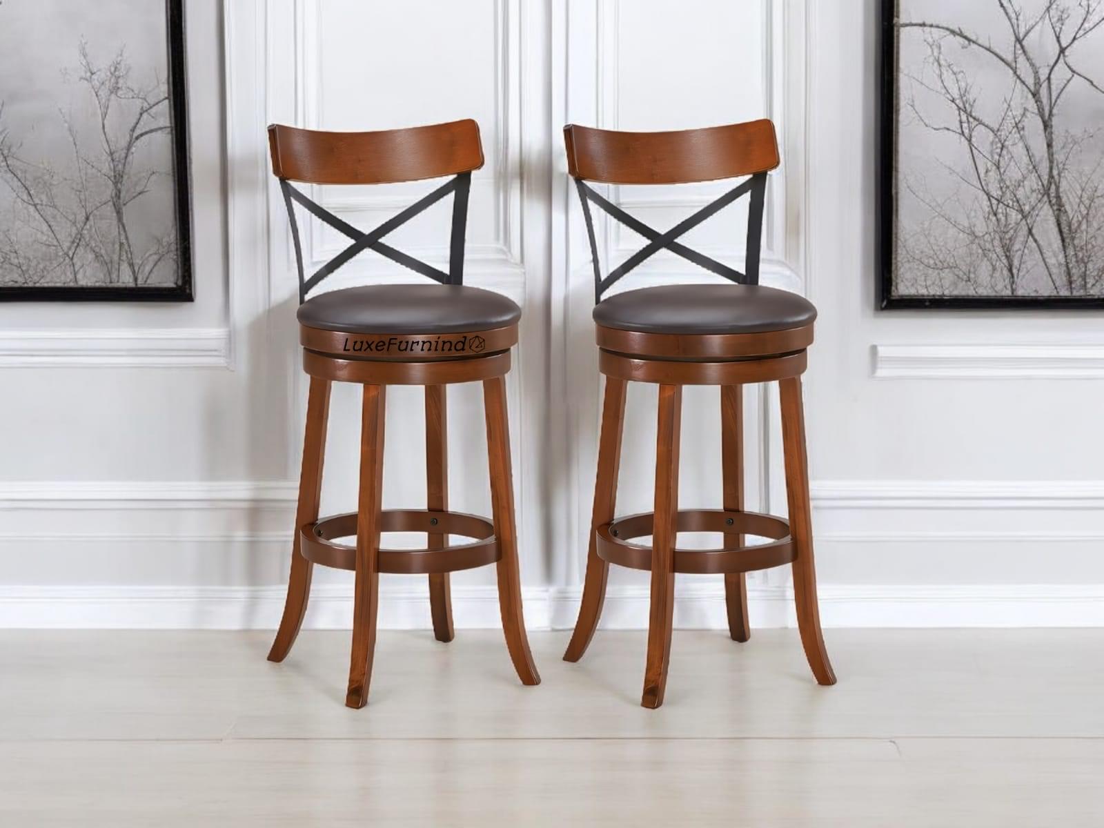 WhatsApp Image 2025-02-17 at 13.38.43 Classic solid wood swivel bar stool with leather seat, handcrafted for luxury home and commercial bar settings.