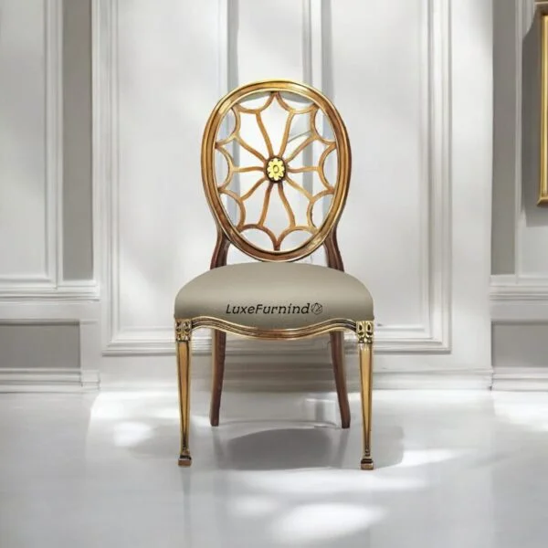 Handcrafted luxury dining chair with gold leaf carved backrest and padded seat by LuxeFurnindo