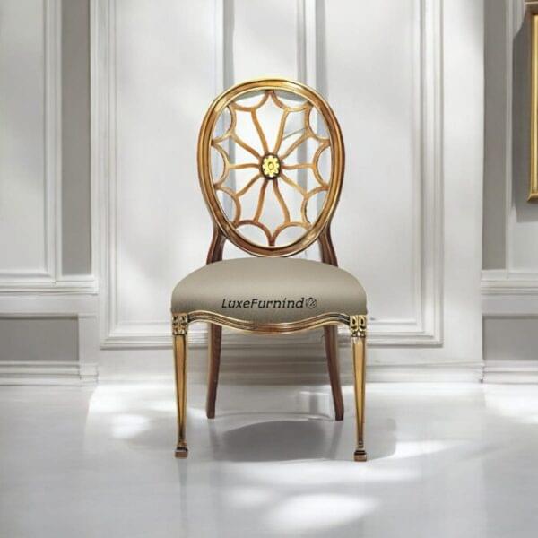 Handcrafted luxury dining chair with gold leaf carved backrest and padded seat by LuxeFurnindo