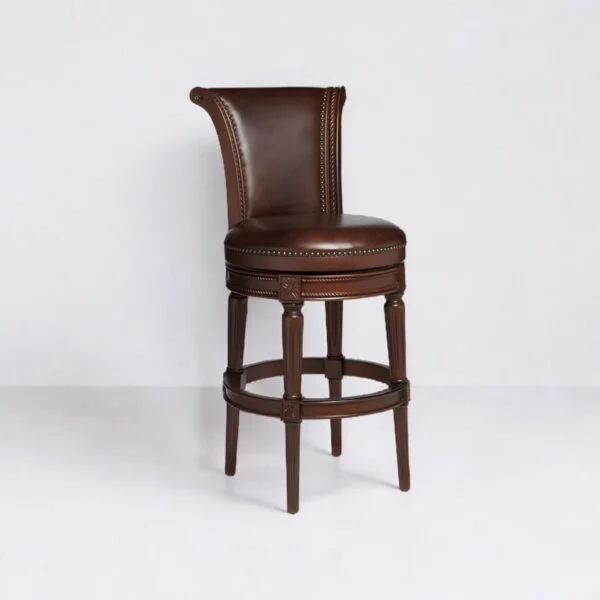Antique bar stools. Classic wooden bar stool with premium leather upholstery, featuring a swivel base and elegant hand-carved details.