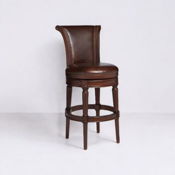 Antique bar stools. Classic wooden bar stool with premium leather upholstery, featuring a swivel base and elegant hand-carved details.