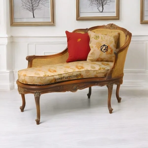 Rattan sofa. Kartini-style rattan chaise lounge in vintage wood with yellow floral upholstery, handcrafted in Indonesia -- Whosale furniture - Indonesia furniture