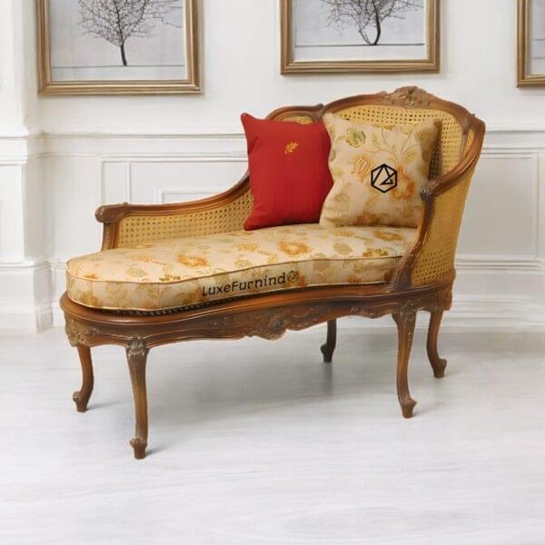 Rattan sofa. Kartini-style rattan chaise lounge in vintage wood with yellow floral upholstery, handcrafted in Indonesia -- Whosale furniture - Indonesia furniture