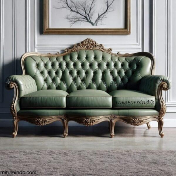 Vintage sofa style. A classic European sofa with luxurious wood carvings, premium green leather upholstery and elegant design, perfect for a classy living room.