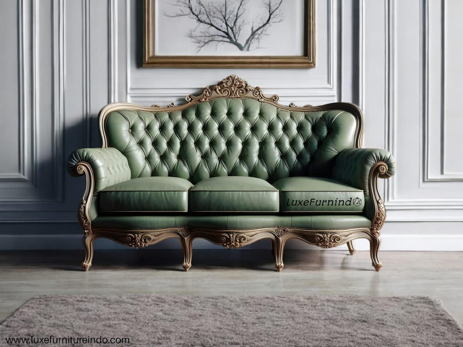 Vintage sofa style. A classic European sofa with luxurious wood carvings, premium green leather upholstery and elegant design, perfect for a classy living room.