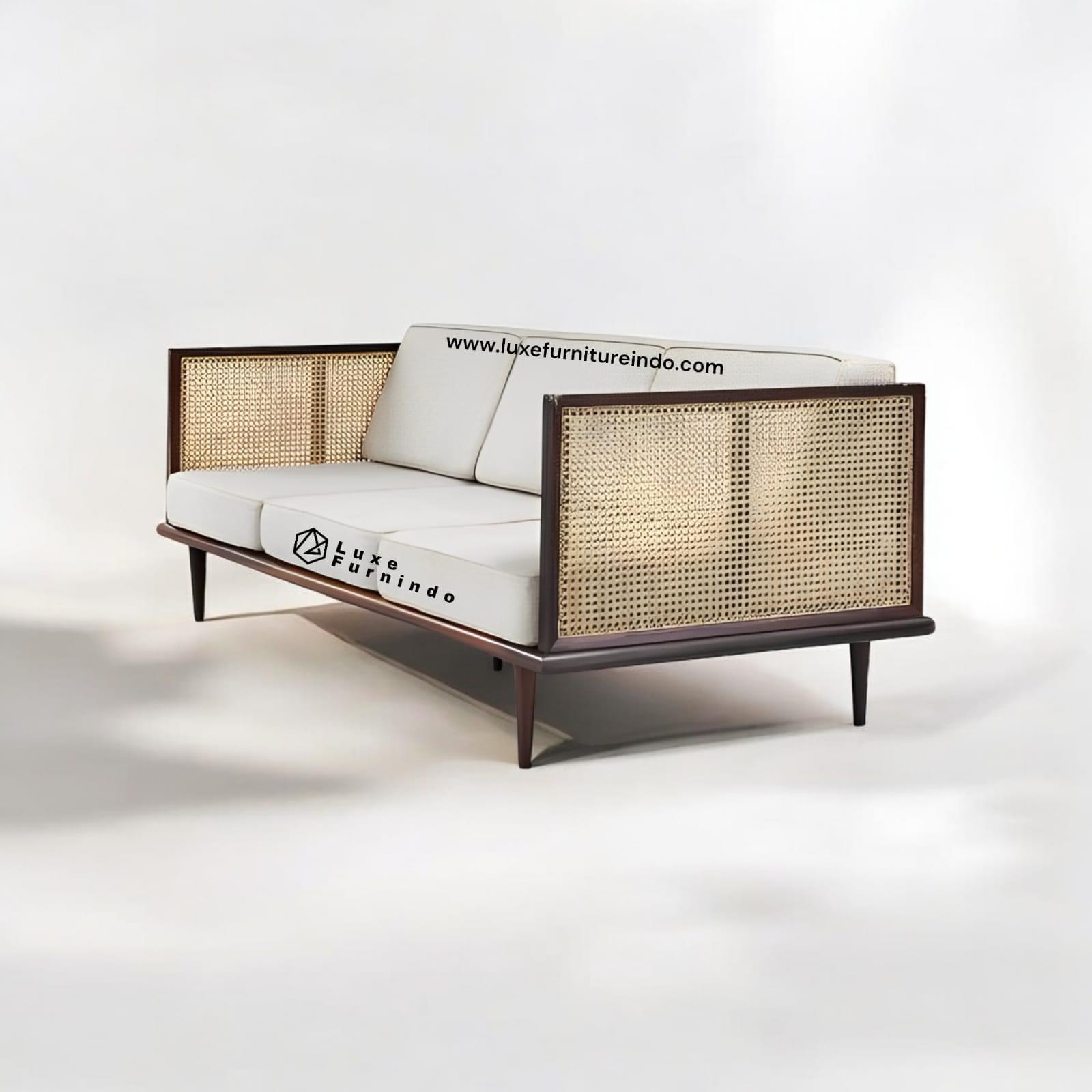 Rattan furniture. Teak wood rattan sofa with modern classic design, soft cushion, and sturdy frame, suitable for luxurious living room and elegant interior -- Whosale furniture - Indonesia furniture