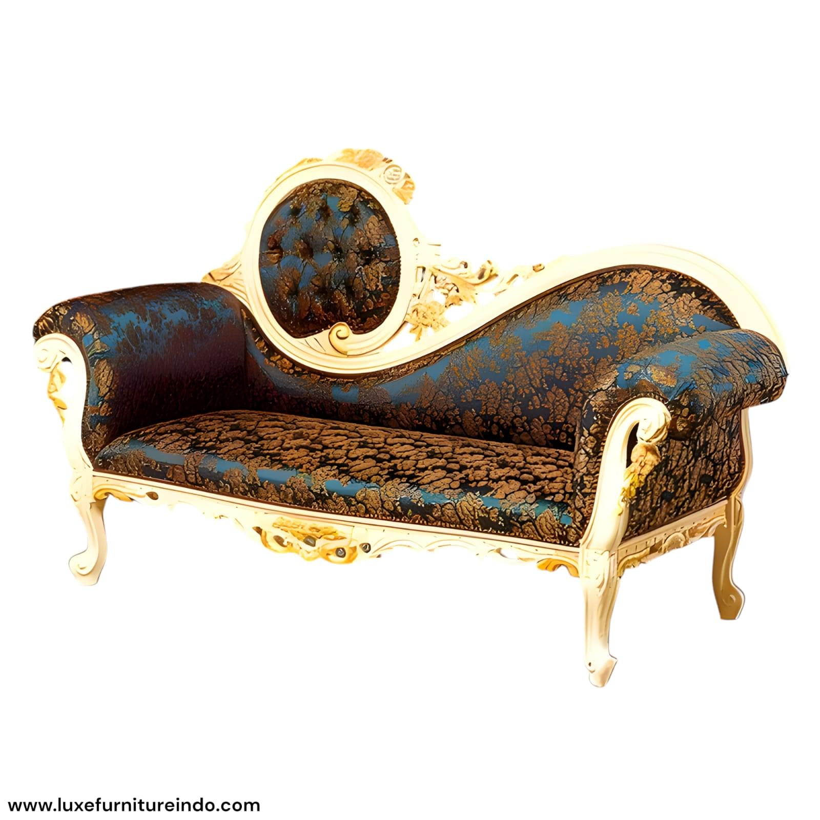 A classic wood-carved sofa with a luxurious design, premium patterned fabric, and royal feel, suitable for the interior of a living room, palace, or star hotel