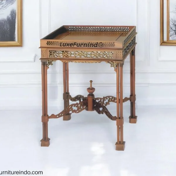 Classic carved teak wood tea table box, luxurious & sturdy design for living room or bedroom, available at Luxe Furnindo.