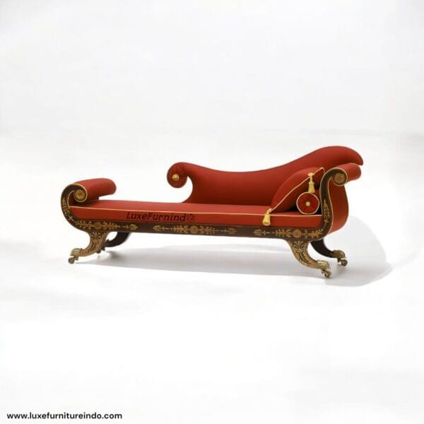 Classic red chaise lounge sofa with luxurious gold engraving, elegant and exclusive design for premium interiors