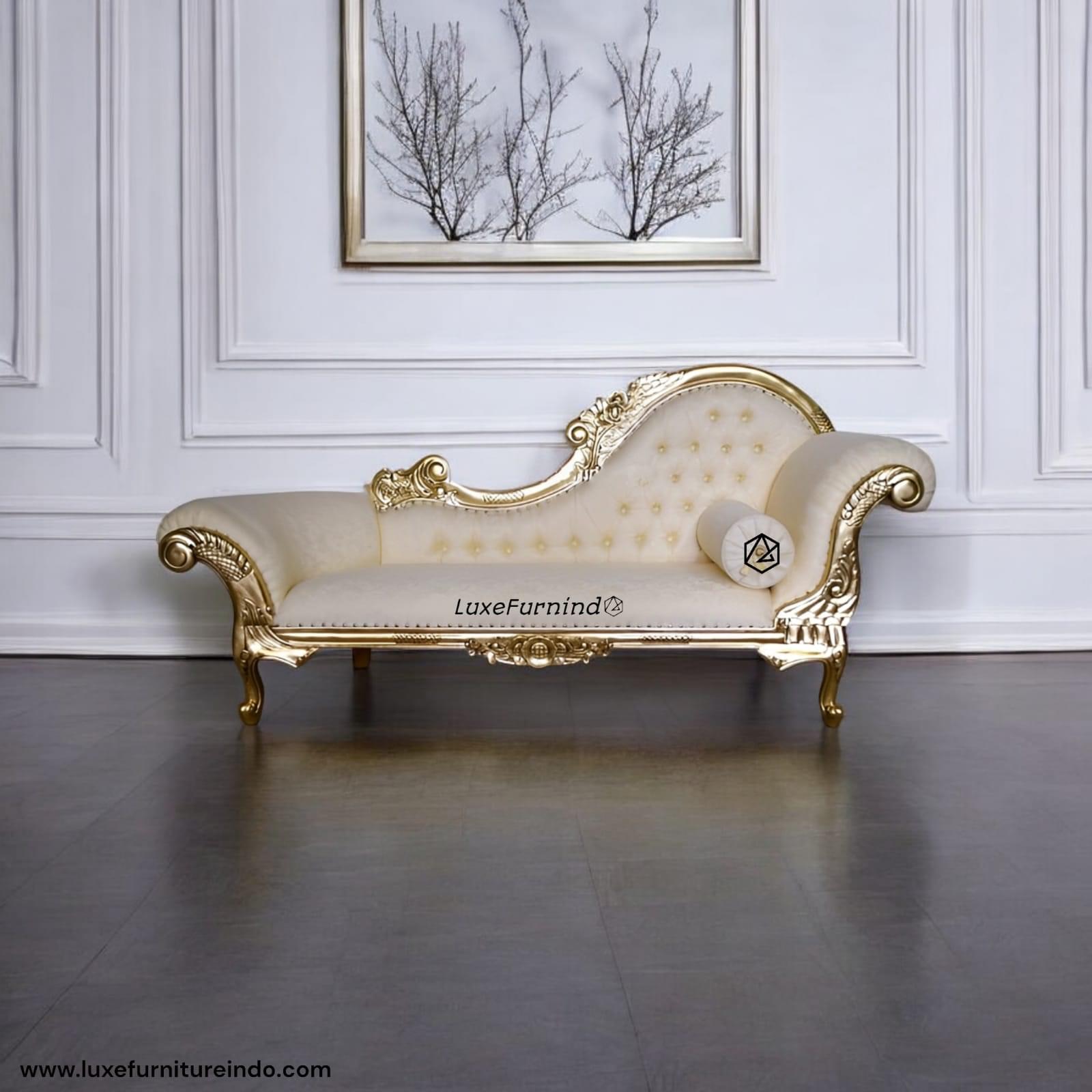 Luxury sofa in gold colour with Jepara carvings, elegant vintage design for colonial and classic European style living room.