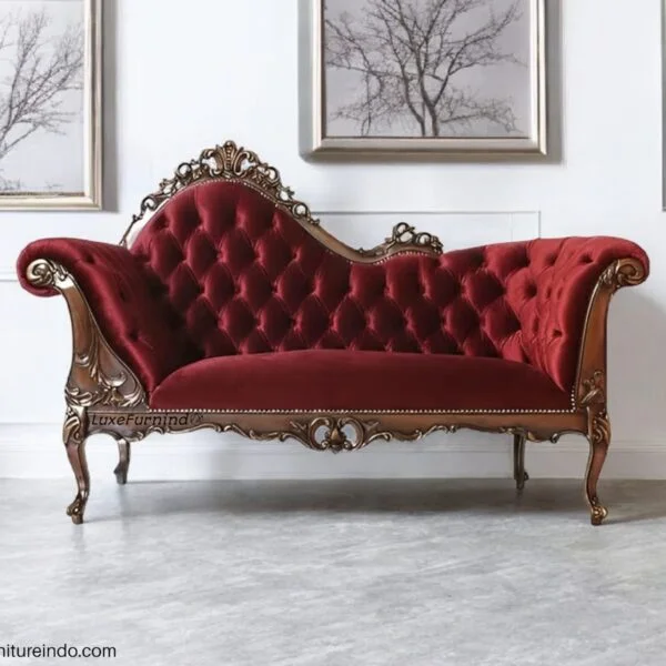 Indonesia furniture Sofas vintage style with red velvet and antique wood carvings.