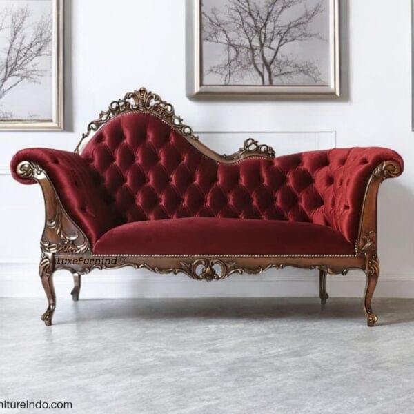 Indonesia furniture Sofas vintage style with red velvet and antique wood carvings.