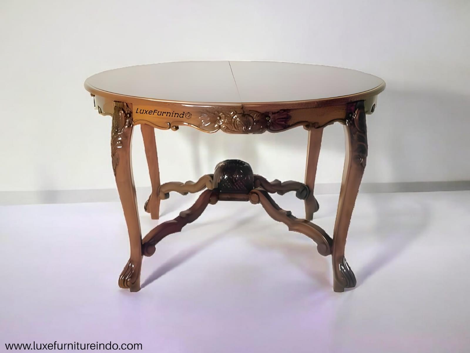 Classic carved teak wood round dining table, elegant Jepara design, suitable for luxury dining room.