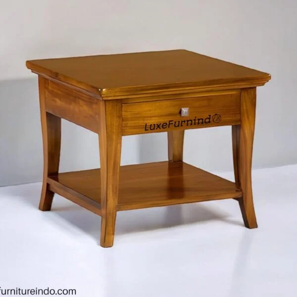 Classic teak wood side table with drawers & shelves, elegant design for living room or bedroom, available at Luxe Furnindo.