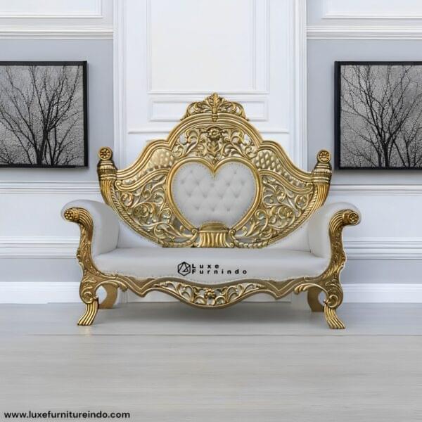 Luxury furniture. Gold-trimmed rococo-style heartback sofa with white tufted upholstery, handcrafted in Indonesia -- Whosale furniture - Indonesia furniture