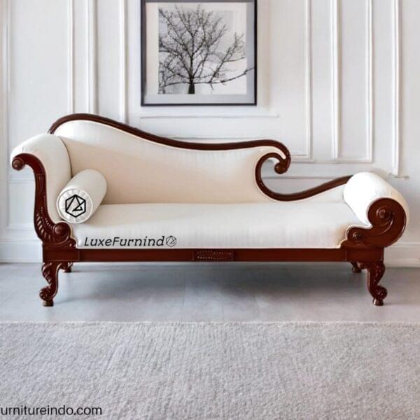 Chaise lounge sofa. Shopia Royal Lounge Sofa in white leather and carved wood frame – handcrafted in Indonesia -- Whosale furniture, antiqur furniture