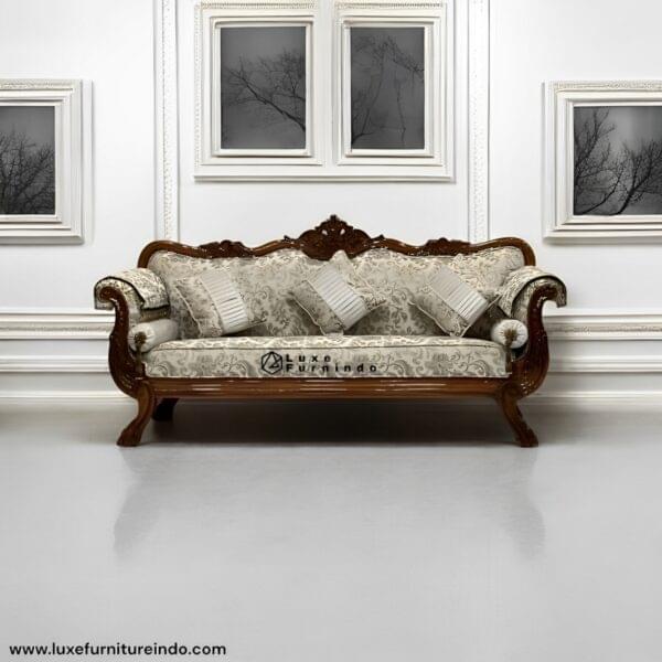 Antique furniture. Roma Vintage Sofa handcrafted in Indonesia featuring carved wood frame and cream floral upholstery -- Whosale furniture - Indonesia furniture.