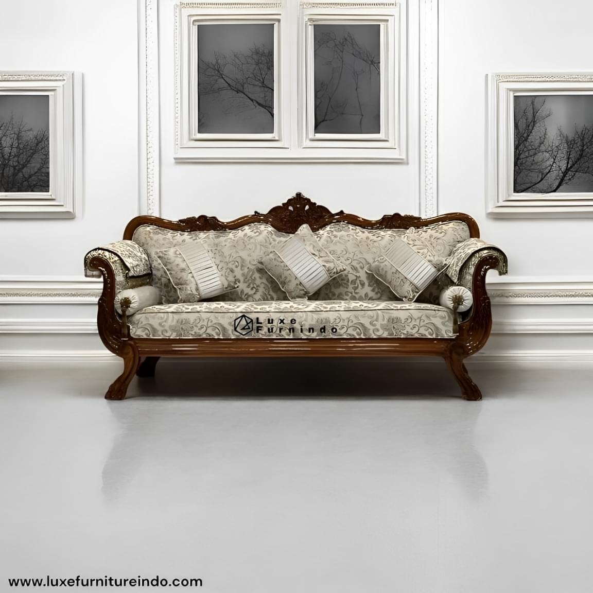 Antique furniture. Roma Vintage Sofa handcrafted in Indonesia featuring carved wood frame and cream floral upholstery -- Whosale furniture - Indonesia furniture.