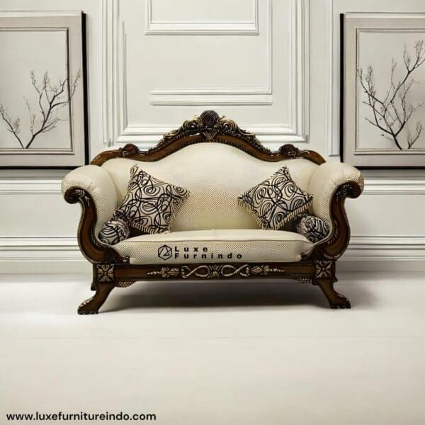 antique sofa for sale. Antique European classic sofa with hand-carved wooden frame and cream upholstery by Indonesia furniture exporter for wholesale and luxury interiors -- Indonesia furniture, whosale furniture