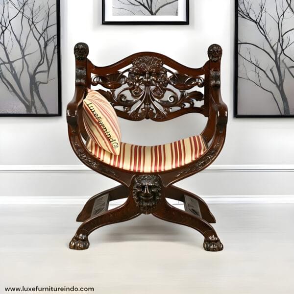 Luxury handcrafted solid wood throne chair with antique lion carving