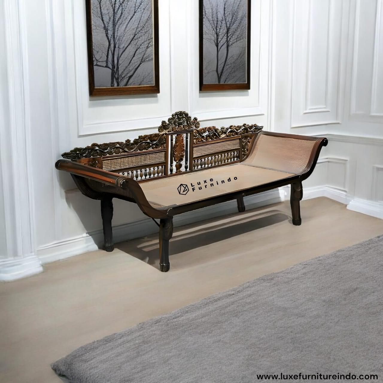 classic wooden bench with handcrafted carving
